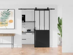 Vente-unique Schuifdeur-Schuifdeur Werkplaatsstijl Met Rails - Zwart En Mat Gehard Glas - H205 Cm X B83 Cm - Artisto Ii