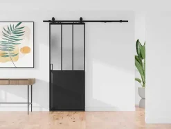 Vente-unique Schuifdeur-Schuifdeur Werkplaatsstijl Met Rails - Zwart En Mat Gehard Glas - H205 Cm X L73 Cm - Artisto Ii