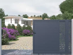 EXPERTLAND Hekjes & Poorten-Schuifpoort Van Aluminium Met Motieven - Halfopengewerkt - L. 374 X H. 180 Cm - Antraciet - Gregor