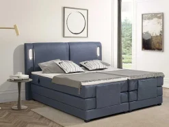 Palacio Elektrisch Relaxatiebed-Set Boxspring + Hoofdbord Met Ledlampjes + Elektrische Relaxbedbodems + Matras + Topmatras - 2 X 90 X 200 Cm - Blauwe Stof - Astemi Van
