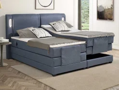 Palacio Elektrisch Relaxatiebed-Set Boxspring + Hoofdbord Met Ledlampjes + Elektrische Relaxbedbodems + Matras + Topmatras - 2 X 90 X 200 Cm - Blauwe Stof - Astemi Van