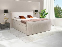 Palacio Boxspringbed-Set Boxspring Met Hoofdeinde + Bedbodems Met Opbergruimte + Matras + Dekmatras - 2 X 80 X 200 Cm - Ivoorwit Ribfluweel - Rhoda Van