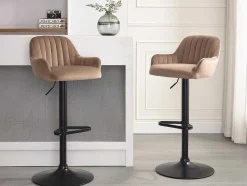 Vente-unique Barkruk-Set Van 2 Barkruk Van Velours En Zwart Metaal - Verstelbare Hoogte - Beige - Eleana