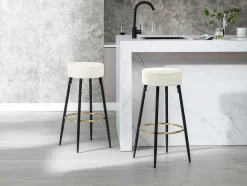 Vente-unique Barkruk-Set Van 2 Barkrukken Van Bouclestof En Zwart Staal - Wit En Goudkleurig - Belinio I