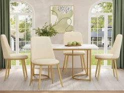 ModernLuxe Stoel-Set Van 4 Fluwelen Gestoffeerde Stoelen Met Rugleuning - Goud Metalen Structuur - Beige