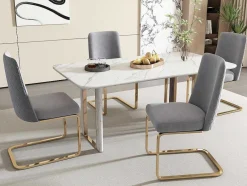 ModernLuxe Stoel-Set Van 4 Fluwelen Sledestoelen - Rugleuning Ruitpatroon - Onderstel Goudkleurig Metaal - Grijs