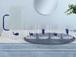 OZAIA Glas-Set Van 4 Glazen Met Walvissen En Zeepaardjes - Transparant En Blauw - O7,5 X H9,5 Cm - Parasa