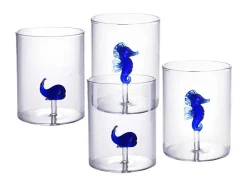 OZAIA Glas-Set Van 4 Glazen Met Walvissen En Zeepaardjes - Transparant En Blauw - O7,5 X H9,5 Cm - Parasa
