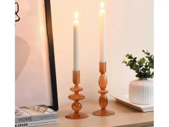 OZAIA Kandelaar En Kaars-Set Van 2 Kandelaars - H21 En 18,5 Cm - Glas - Oranje - Kandie