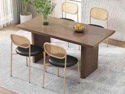 ModernLuxe Stoel-Set Van 4 Kunstleer En Rotan Stoelen - Metalen Poten - Zwart
