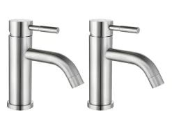Shower & Design Kraan-Set Van 2 Mechanische Mengkranen Met Ronde Vorm Van Roestvrij Staal - Geborsteld Nikkelkleurig - H17 Cm - Salavan