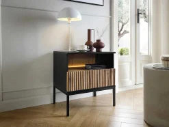 Vente-unique Nachtkastje-Set Van 2 Nachtkastje 1 Lade En 1 Nis - Met Ledverlichting - Zwart En Naturel - Ovila