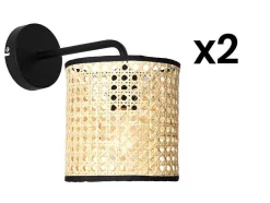 OZAIA Wandlamp-Set Van 2 Rieten Wandlampen In Etnische Stijl Neirobi - Ijzer En Rotan - H. 25 Cm - Zwart En Naturel