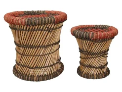 Vente-unique Poef-Set Van 2 Ronde Poefs Van Licht Naturelkleurig En Rood Rotan Mirtaka