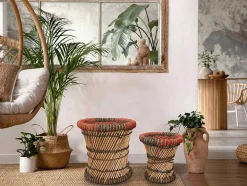Vente-unique Poef-Set Van 2 Ronde Poefs Van Licht Naturelkleurig En Rood Rotan Mirtaka