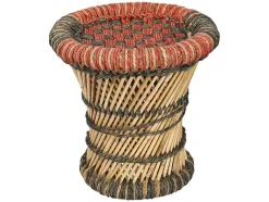 Vente-unique Poef-Set Van 2 Ronde Poefs Van Licht Naturelkleurig En Rood Rotan Mirtaka