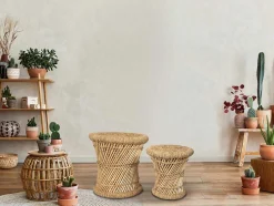 Vente-unique Poef-Set Van 2 Ronde Poefs Van Licht Naturelkleurig Rotan Mirtaka