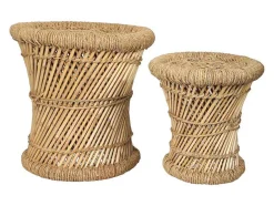 Vente-unique Poef-Set Van 2 Ronde Poefs Van Licht Naturelkleurig Rotan Mirtaka
