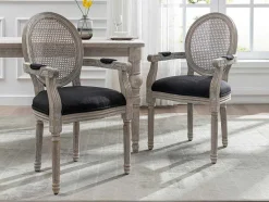 Vente-unique Stoel-Set Van 2 Stoelen Met Armleuningen - Riet, Stof En Heveahout - Zwart - Antoinette