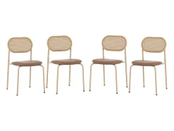 ModernLuxe Stoel-Set Van 4 Stoelen Van Kunstleer En Rotan - Metalen Poten - Bruin