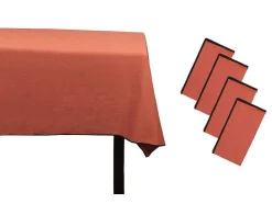 OZAIA Textiel Voor Eettafel-Set Van Tafellaken + 4 Servetten Van Linnen En Katoen - Zwarte Rand - Terracotta - 170 X 250 Cm - Borina