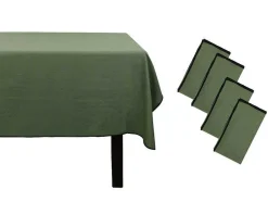OZAIA Textiel Voor Eettafel-Set Van Tafellaken + 4 Servetten Van Linnen En Katoen - Zwarte Rand - Kaki - 170 X 300 Cm - Borina