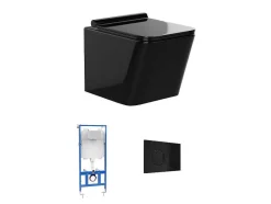 Vente-unique Hangend Toilet-Set Voor Hang-Wc Van Glanzend Zwart Keramiek Met Voorwandsysteem En Ronde Bedieningsplaat - Clemona