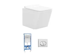 Vente-unique Hangend Toilet-Set Voor Witte Hang-Wc Met Voorwandsysteem En Chroomkleurige Ovalen Bedieningsplaat - Clemona