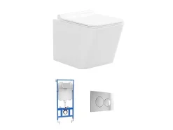 Vente-unique Hangend Toilet-Set Voor Witte Hang-Wc Met Voorwandsysteem En Chroomkleurige Ronde Bedieningsplaat - Clemona