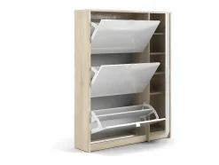 Vente-unique Schoenenkast-Shane Schoenenkast 3 Klapdeuren 2R, 1 Deur Eikenstructuur Decor, Wit Hoogglans.