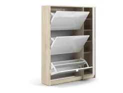 Vente-unique Schoenenkast-Shane Schoenenkast 3 Klapdeuren 2R, 1 Deur Eikenstructuur Decor, Wit Hoogglans.