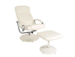 Vente-unique Fauteuil Kunstleer-Siena Relaxfauteuil Met Kruk, Creme-Wit