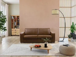LINEA SOFA Zitbank-Snel Omgebouwde Slaapbank Met 3 Zitplaatsen In 100% Vintage Karamel Buffelleer En Een Matras Van 18 Cm Delectea Ii