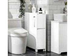 Sobuy Toiletmeubel-Compacte Toiletkast, Smal Badkameropbergmeubel Op Wielen, Toiletrolhouder Met 1 Kanteldeur, 2 Laden En 1 Open Achtercompartiment, Veelzijdige Opbergwagen, 60X20X75 Cm, Bzr111-W
