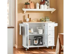 Sobuy Keukeneiland-Keukentrolley Op Wielen Keukeneiland Serveerwagen Buffetkast Keukenkast Met 3 Laden, 2 Deuren, Kruidenrek En Handdoekenrek, 128X46X92 Cm, Fkw120-Wn