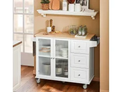 Sobuy Keukeneiland-Keukentrolley Op Wielen Keukeneiland Serveerwagen Buffetkast Keukenkast Met 3 Laden, 2 Deuren, Kruidenrek En Handdoekenrek, 128X46X92 Cm, Fkw120-Wn