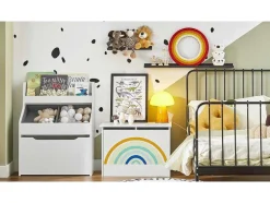 Sobuy Babymeubel-Kmb70-W Speelgoedkist Voor Kinderen, Speelgoed Opbergdoos, Opbergkist Met Scharnierend Deksel, Regenboogdesign, Kinderboekenplank