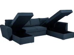 Vente-unique Stoffen Zitbank-Stan Slaapbank, Hoek Rechts Met Chaise Longue Links, In Blauw.