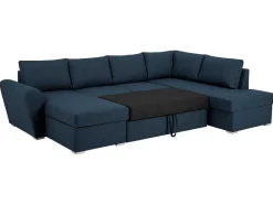 Vente-unique Stoffen Zitbank-Stan Slaapbank, Hoek Rechts Met Chaise Longue Links, In Blauw.