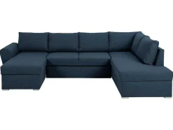 Vente-unique Stoffen Zitbank-Stan Slaapbank, Hoek Rechts Met Chaise Longue Links, In Blauw.