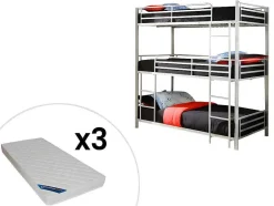 Vente-unique Kinderbed Stapelbed-Stapelbed - 3 X 90 X 190 Cm - Metaal - Zilverkleur - Met Matras - Elouan