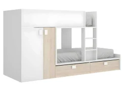 Vente-unique Kinderbed-Stapelbed - Ingebouwde Kast - 2X90X190Cm - Wit En Eiken + Matras - Juanito