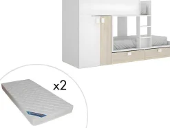 Vente-unique Kinderbed-Stapelbed - Ingebouwde Kast - 2X90X190Cm - Wit En Eiken + Matras - Juanito