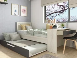 Vente-unique Bed Met Slaaplade-Stapelbed 2 X 90 X 200 Cm - Met Bureau - Kleur: Naturel En Antraciet - Vouani