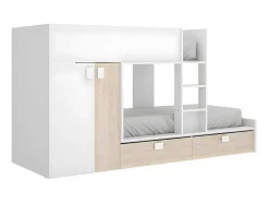 Vente-unique Kinderbed-Stapelbed Juanito - Ingebouwde Kast - 2X90X190Cm - Wit En Eiken