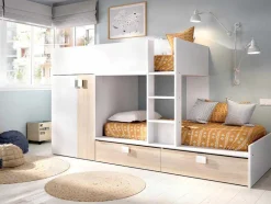 Vente-unique Kinderbed-Stapelbed Juanito - Ingebouwde Kast - 2X90X190Cm - Wit En Eiken