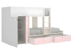 Vente-unique Kinderbed-Stapelbed Juanito Met Ingebouwde Kast En Opbergruimte - 2X90X190Cm - Wit, Eiken En Roze
