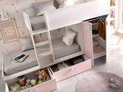 Vente-unique Kinderbed-Stapelbed Juanito Met Ingebouwde Kast En Opbergruimte - 2X90X190Cm - Wit, Eiken En Roze
