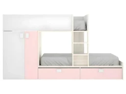 Vente-unique Kinderbed-Stapelbed Juanito Met Ingebouwde Kast En Opbergruimte - 2X90X190Cm - Wit, Eiken En Roze