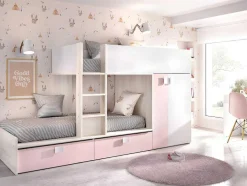 Vente-unique Kinderbed-Stapelbed Juanito Met Ingebouwde Kast En Opbergruimte - 2X90X190Cm - Wit, Eiken En Roze